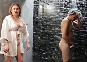 Bastet the Stepmom Soaps Her Stepsons Body in the Shower, Shaves His Big Cock Smooth, F