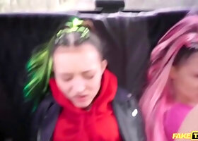 Euro Driver Pounds Big-Butted Teen Twins in Backseat