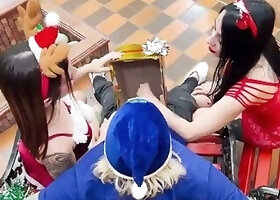 Two dirty bitches receive a dick for Christmas gift
