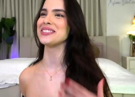 Russian brunette busty camgirl masturbating on webcam