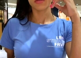 Amateur busty brunette masturbates and does hand job