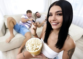 Luna Bunny bounces her big ass on his cock on the cream couch by the window